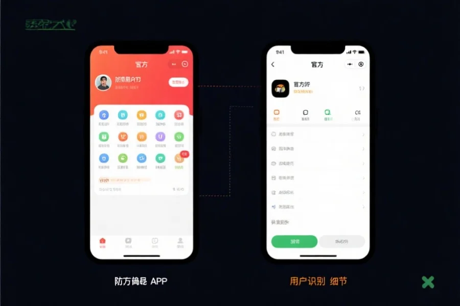 放大显示一款仿冒APP与官方APP的界面对比，突出差异细节，用户识别真假